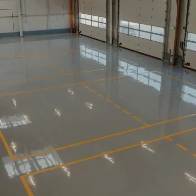 Empty industrial space with polished concrete floor and clear parking lines in a spacious warehouse setting